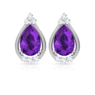 Amethyst Teardrop Stud Earrings with Diamond Amethyst - ( AAA ) - Quality - Rosec Jewels