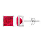 Solitaire Stud Earrings with Princess Cut Lab Created Ruby Lab Created Ruby - ( AAAA ) - Quality - Rosec Jewels