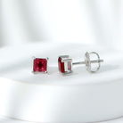 Solitaire Stud Earrings with Princess Cut Lab Created Ruby Lab Created Ruby - ( AAAA ) - Quality - Rosec Jewels