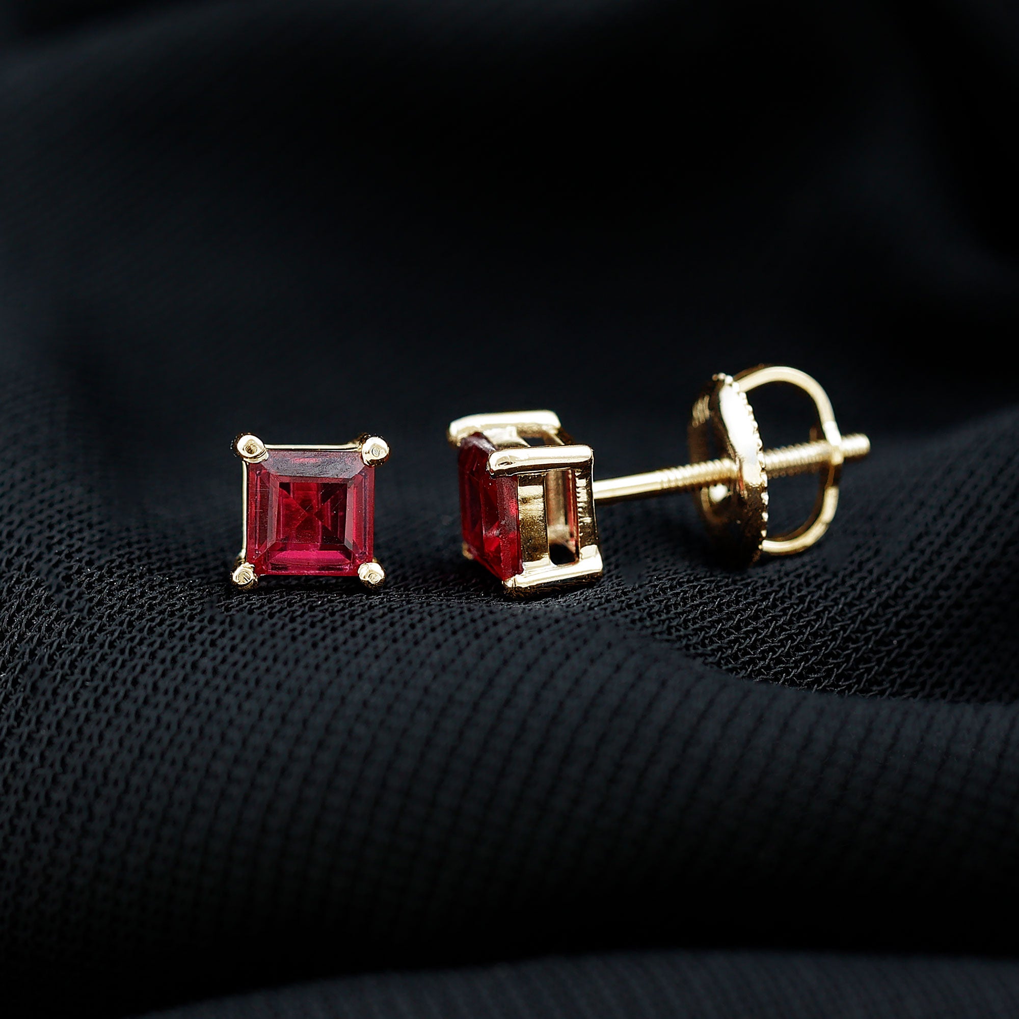 Solitaire Stud Earrings with Princess Cut Lab Created Ruby Lab Created Ruby - ( AAAA ) - Quality - Rosec Jewels