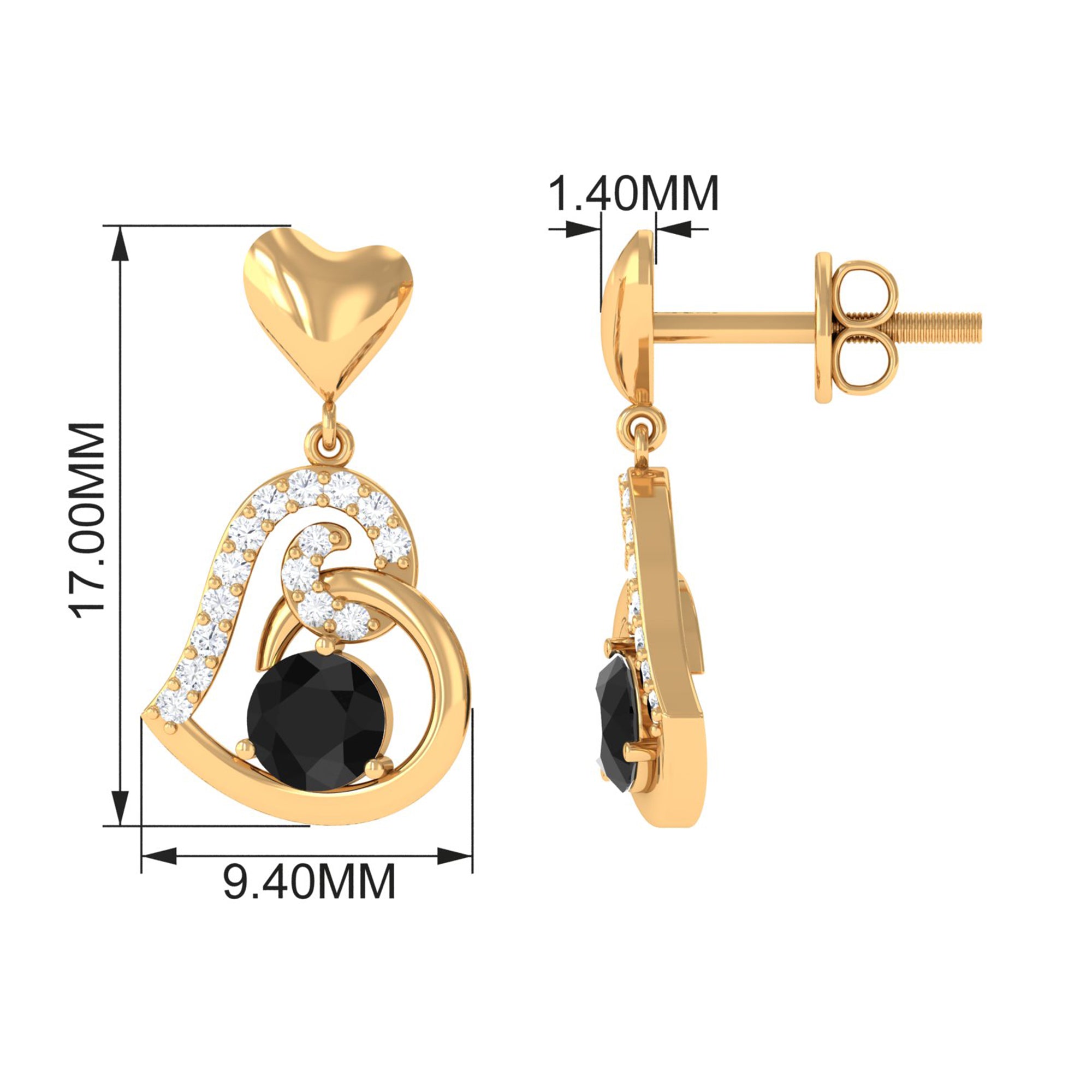 Black and White Diamond Heart Drop Earrings Black Diamond - ( AAA ) - Quality - Rosec Jewels