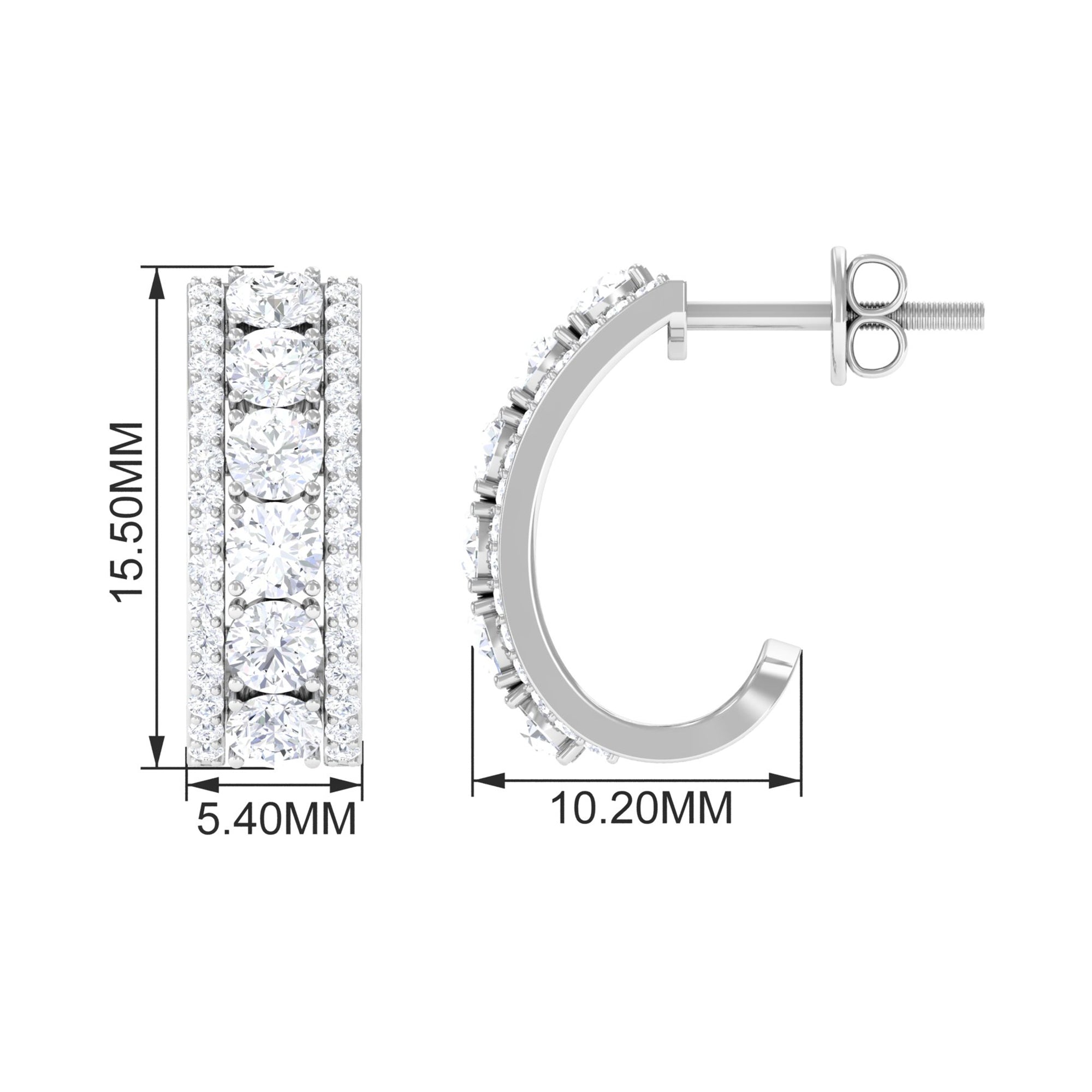 Round Moissanite J Hoop Designer Earrings in Prong Setting Moissanite - ( D-VS1 ) - Color and Clarity - Rosec Jewels