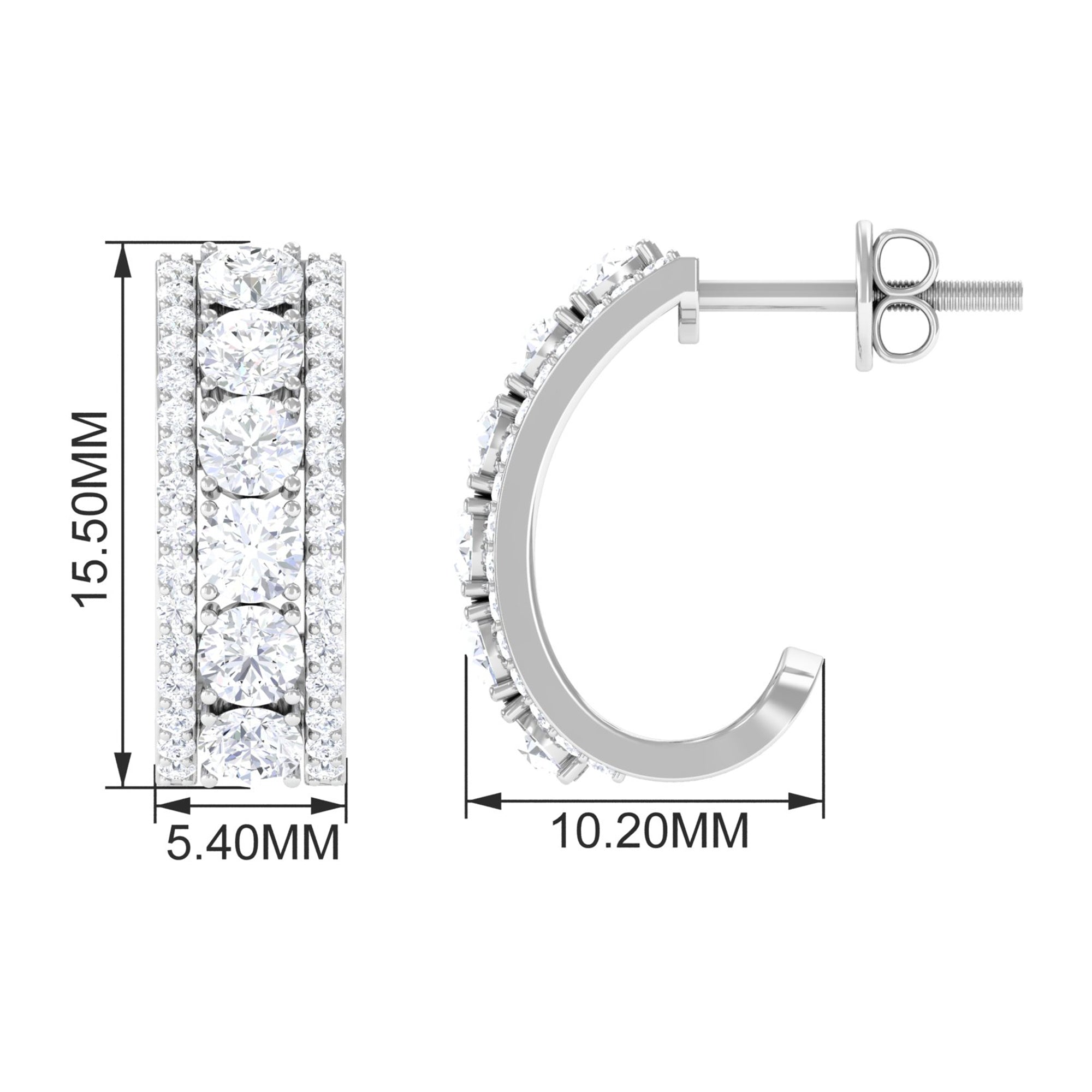 Round Moissanite J Hoop Designer Earrings in Prong Setting Moissanite - ( D-VS1 ) - Color and Clarity - Rosec Jewels