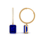 Emerald Cut Lab Grown Blue Sapphire Minimal Hinged Hoop Drop Earrings Lab Created Blue Sapphire - ( AAAA ) - Quality - Rosec Jewels