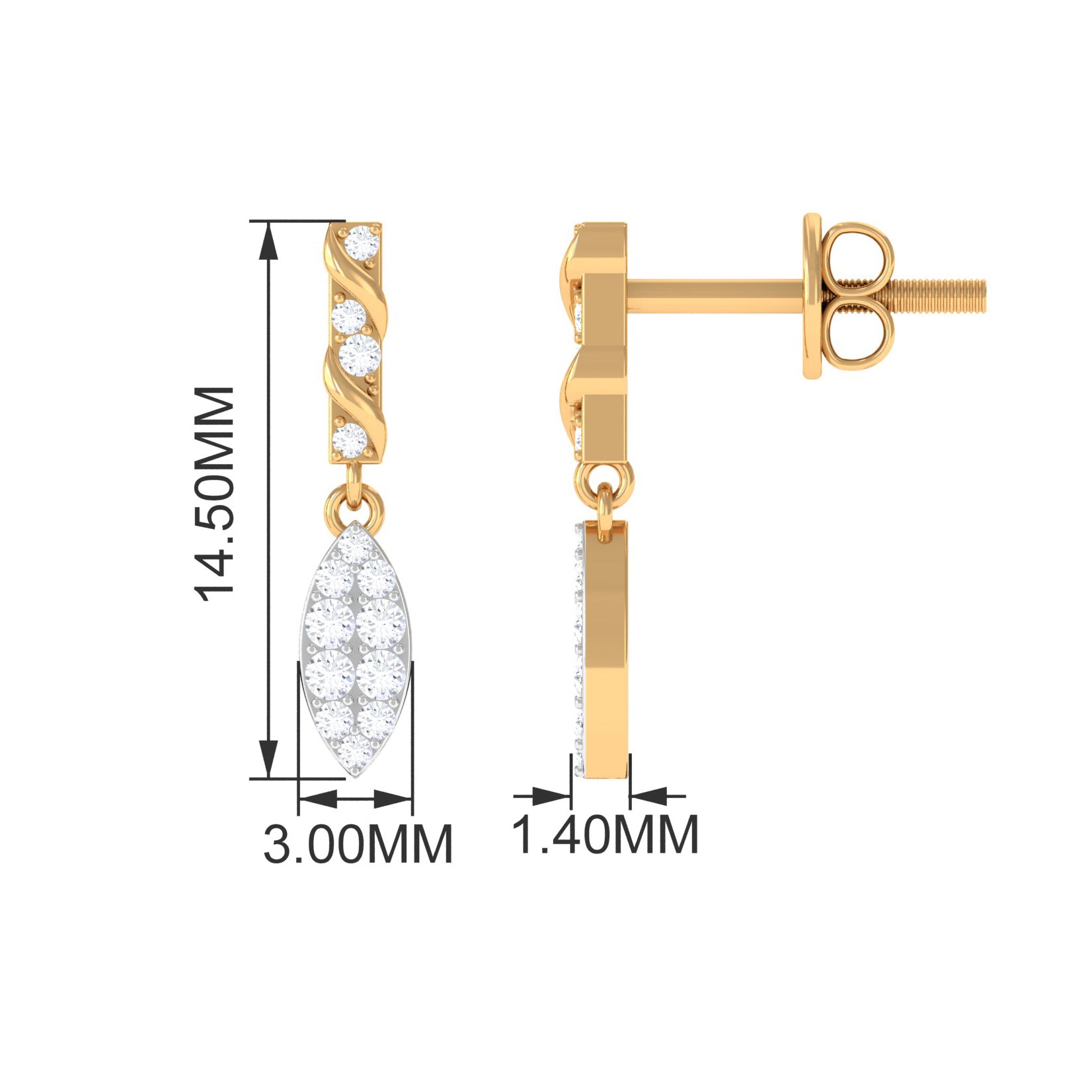 Minimal Simulated Diamond Dangle Earrings in Gold Zircon - ( AAAA ) - Quality - Rosec Jewels