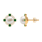 Freshwater Pearl Diamond Halo Stud Earrings with Created Emerald Freshwater Pearl - ( AAA ) - Quality - Rosec Jewels