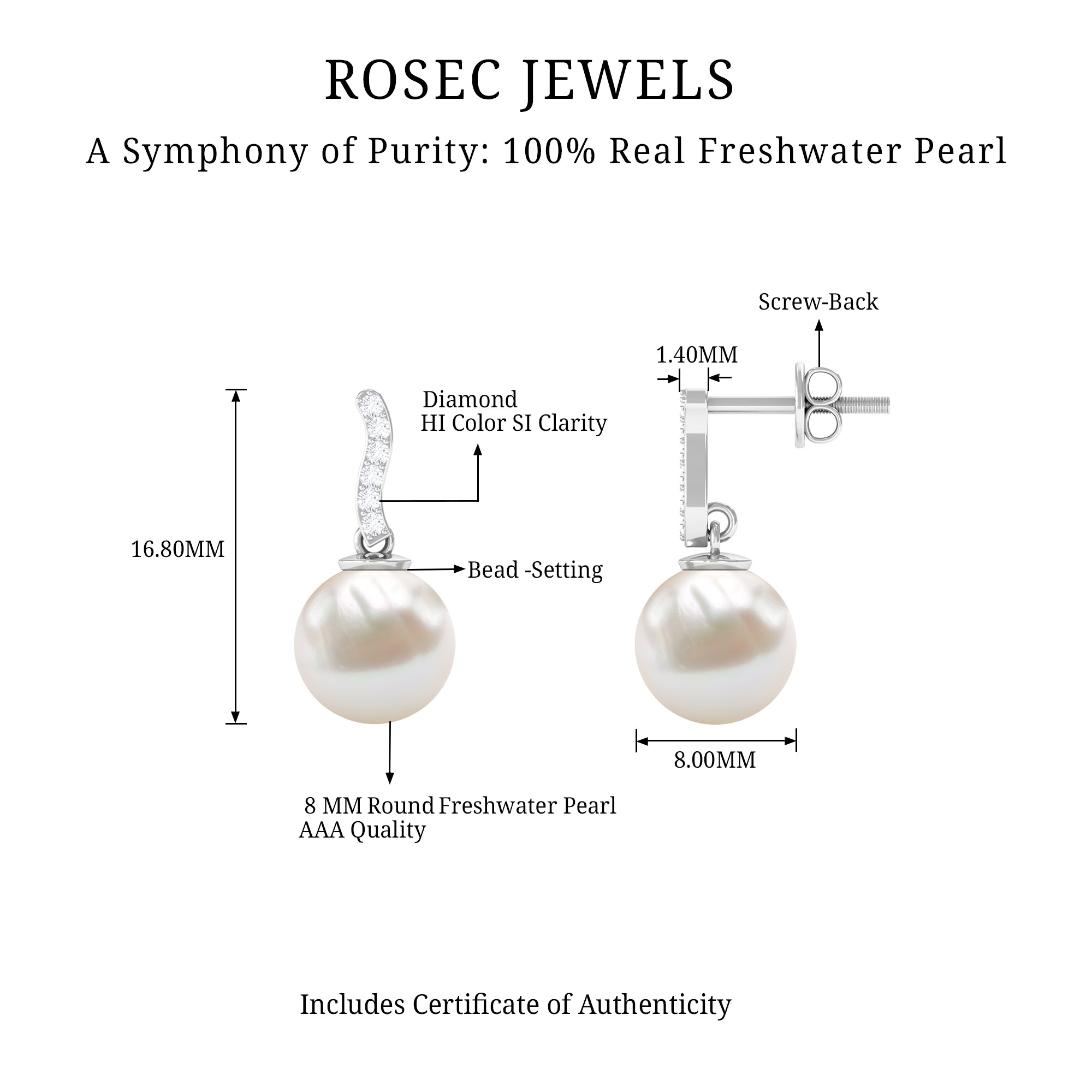 Rosec Jewels-8 MM Freshwater Pearl Drop and Curved Diamond Bar Earring