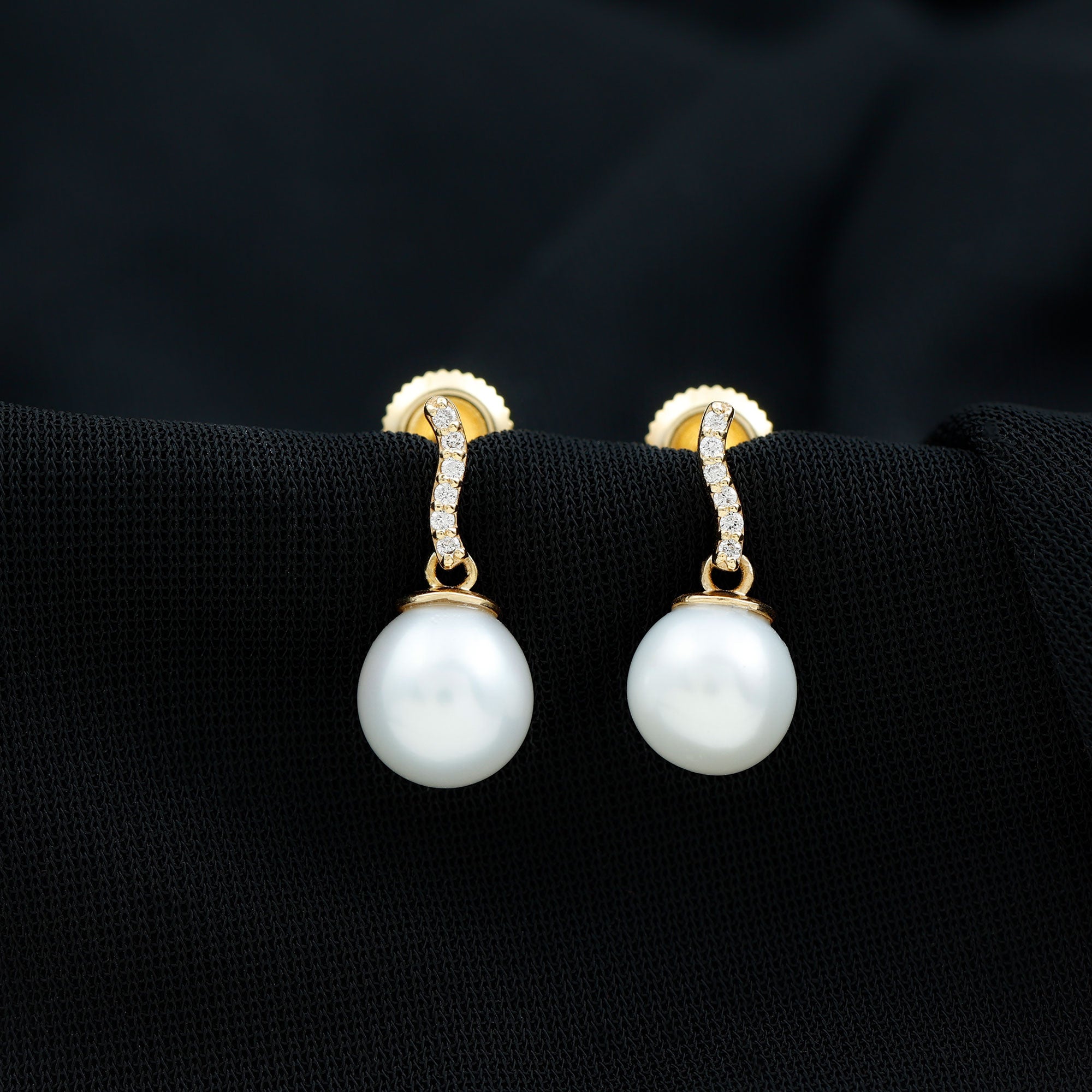 Rosec Jewels-8 MM Freshwater Pearl Drop and Curved Diamond Bar Earring