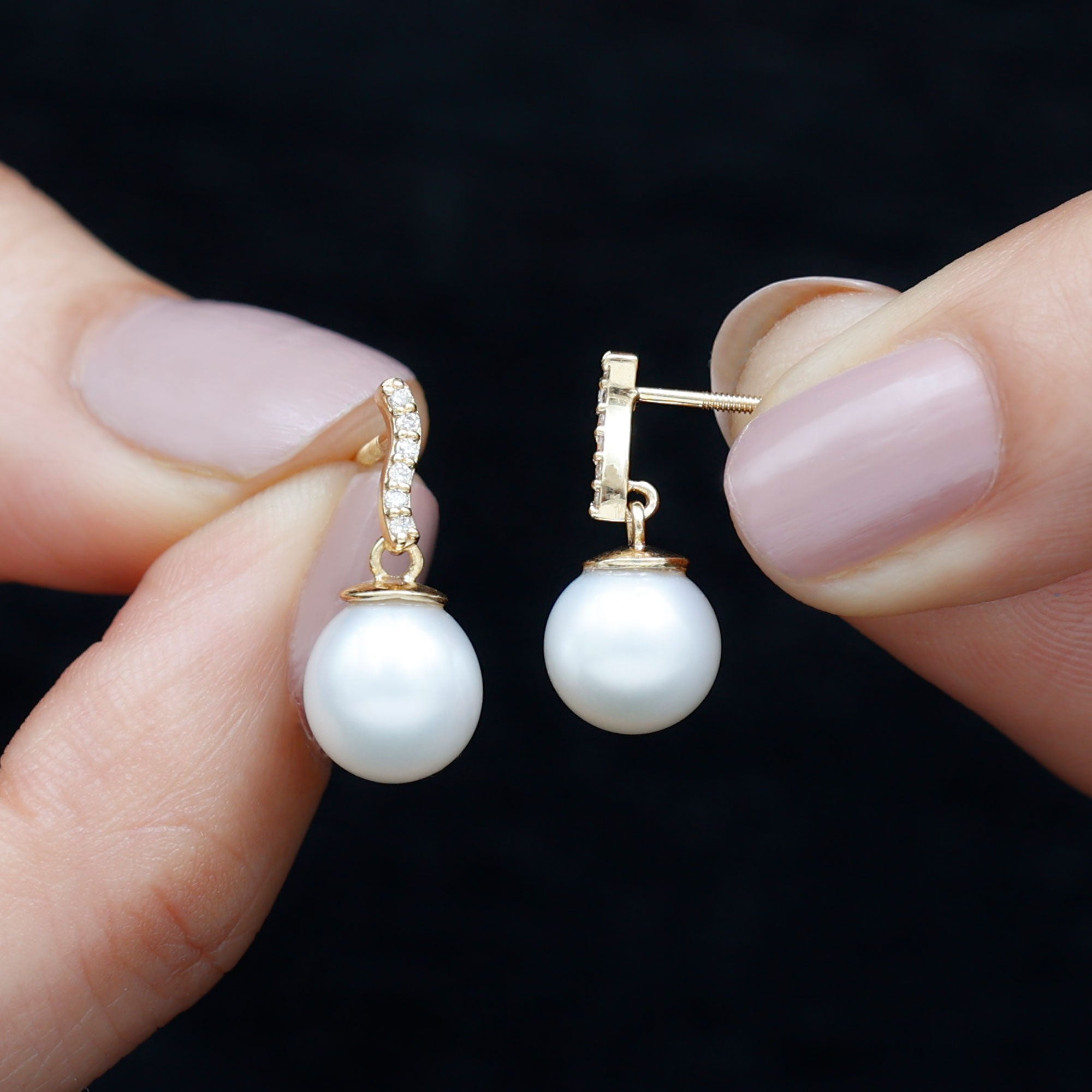 Rosec Jewels-8 MM Freshwater Pearl Drop and Curved Diamond Bar Earring