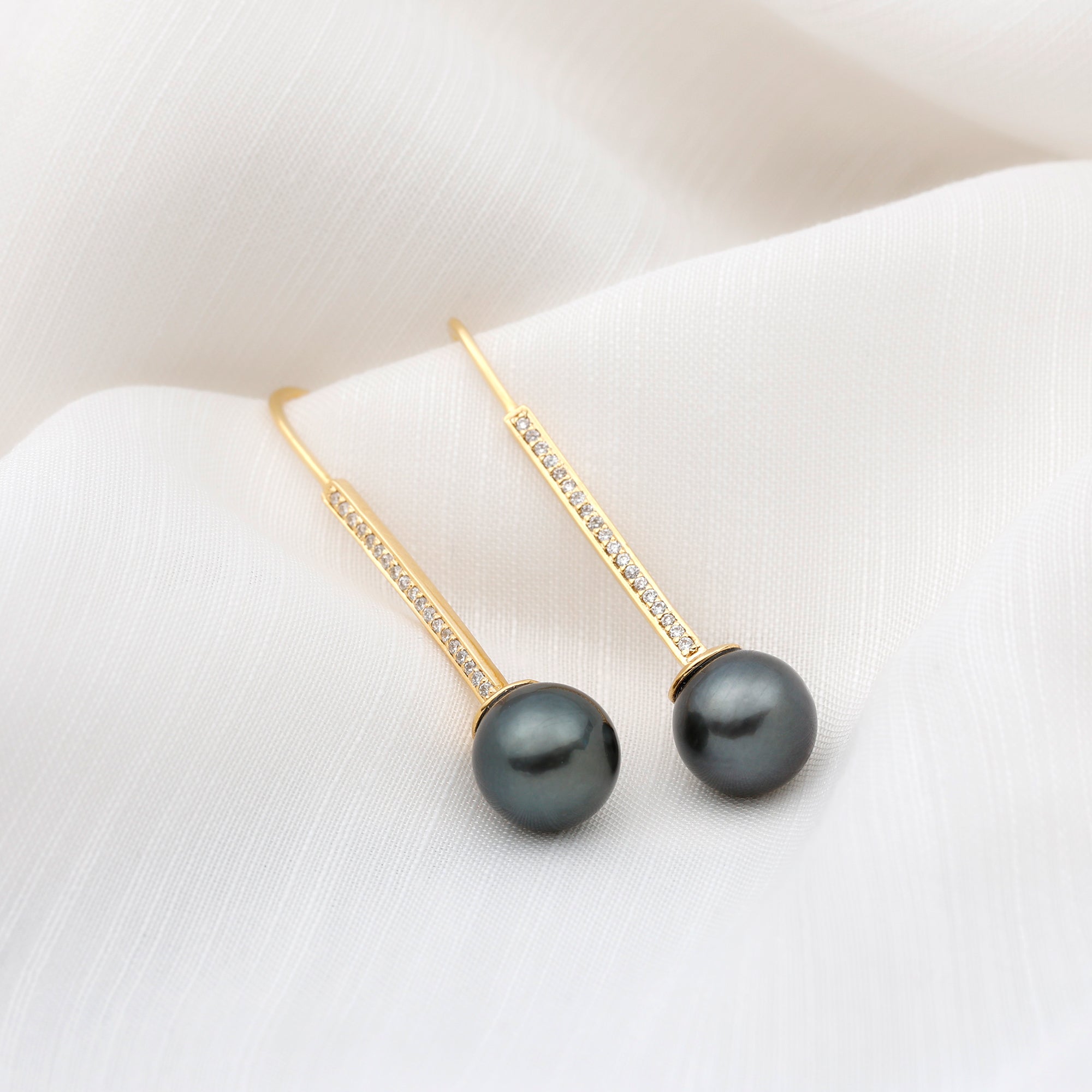 Rosec Jewels-Tahitian Pearl and Diamond Accent Bar Drop Earrings with Fish Hook Backing