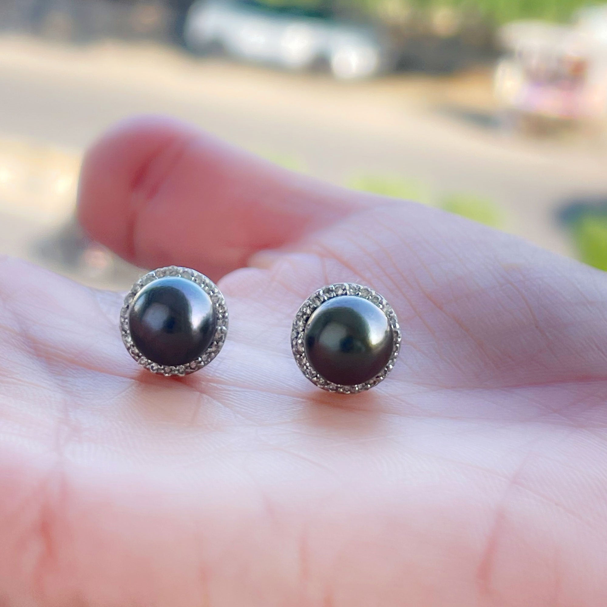 Rosec Jewels-Classic Tahitian Pearl and Diamond Halo Stud Earrings