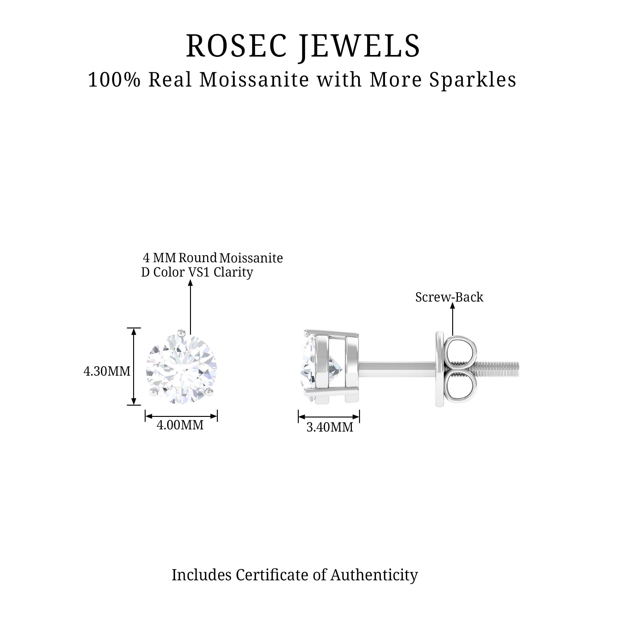 Minimal Round Moissanite Stud Earrings Moissanite - ( D-VS1 ) - Color and Clarity - Rosec Jewels