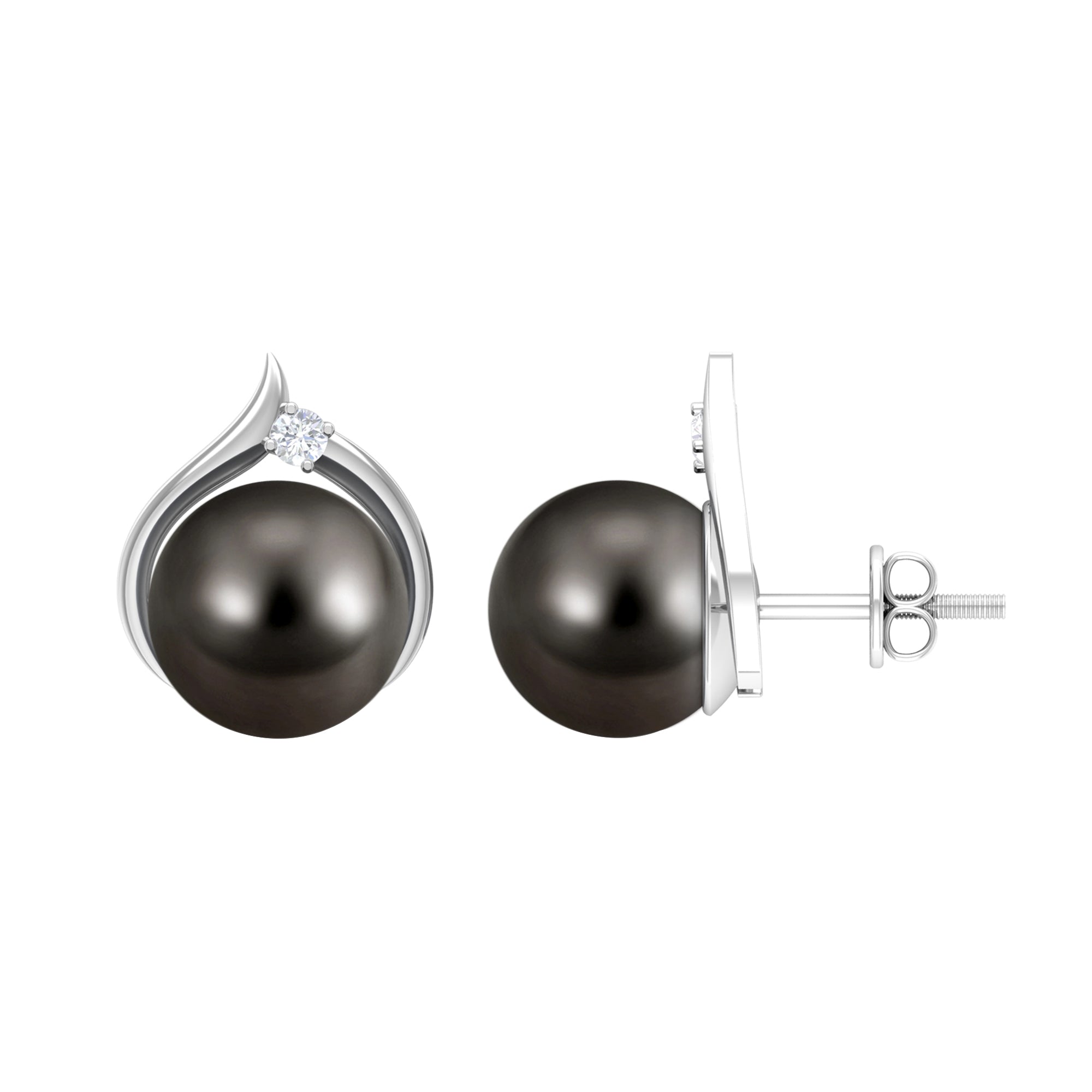 Elegant Black Pearl Solitaire Stud Earrings with Diamond Tahitian pearl - ( AAA ) - Quality - Rosec Jewels