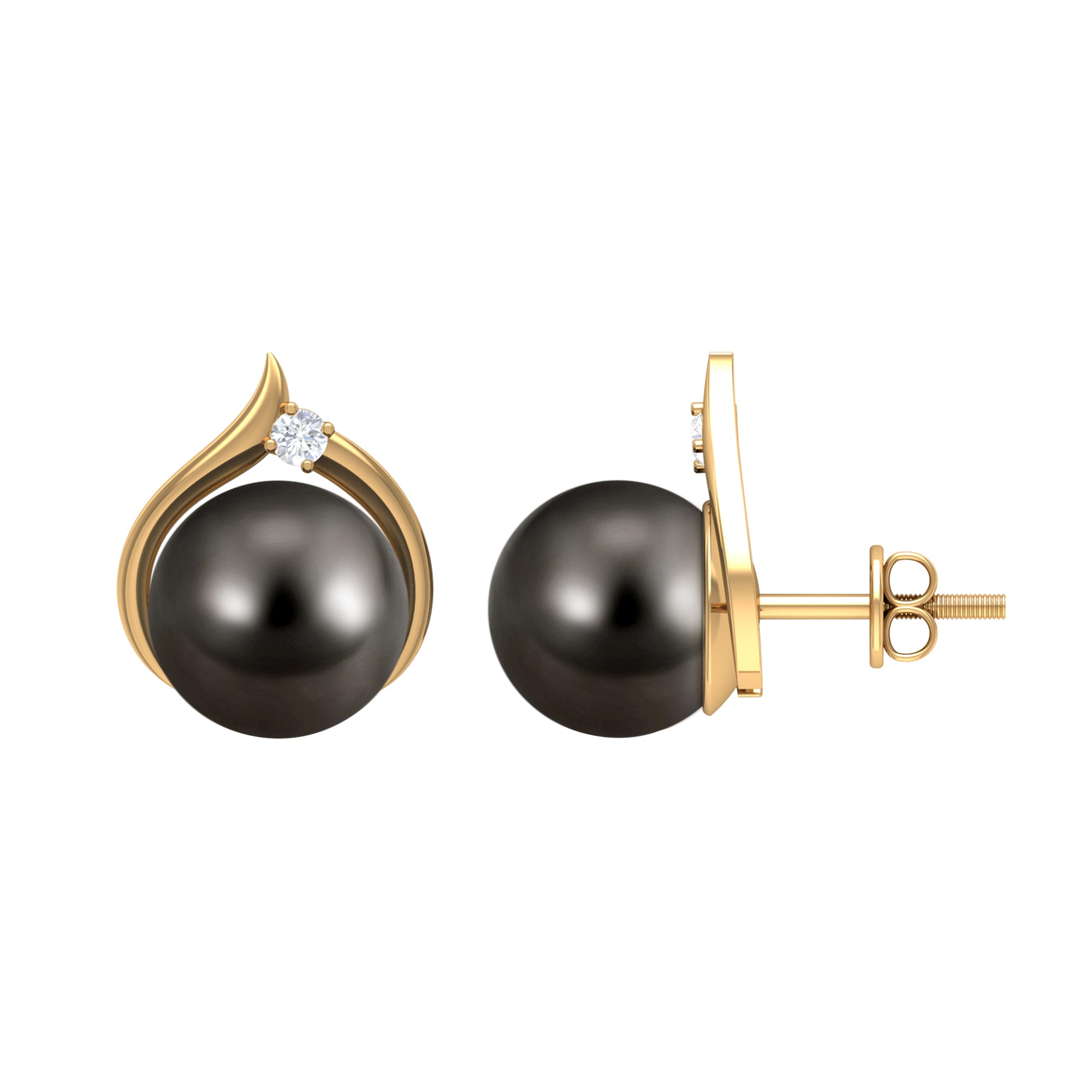 Elegant Black Pearl Solitaire Stud Earrings with Diamond Tahitian pearl - ( AAA ) - Quality - Rosec Jewels