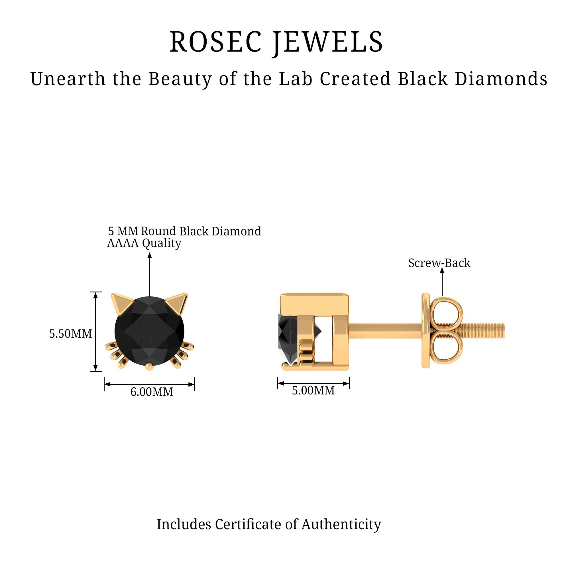 5 MM Certified Created Black Diamond Minimal Cat Stud Earrings Lab Created Black Diamond - ( AAAA ) - Quality - Rosec Jewels