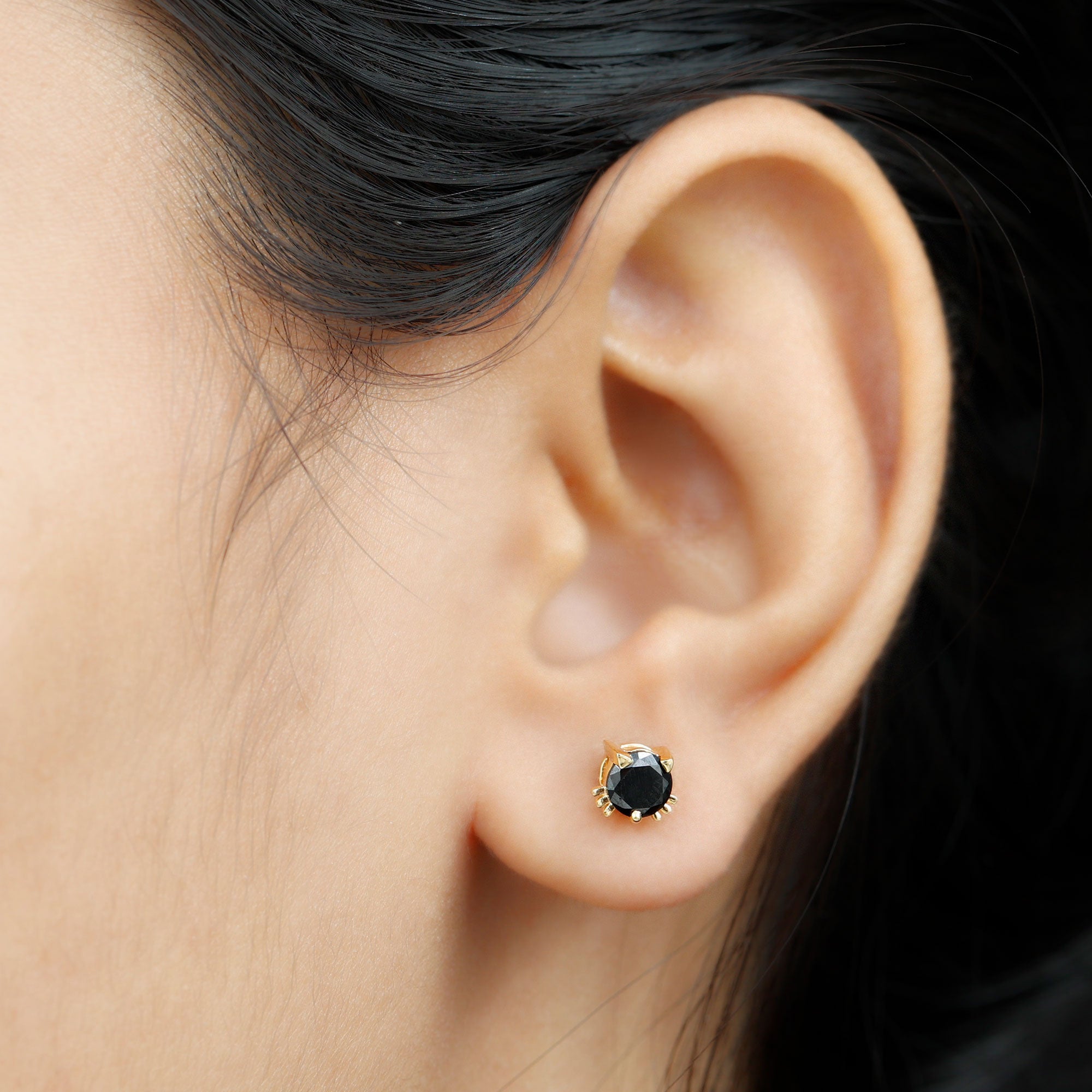 5 MM Certified Created Black Diamond Minimal Cat Stud Earrings Lab Created Black Diamond - ( AAAA ) - Quality - Rosec Jewels