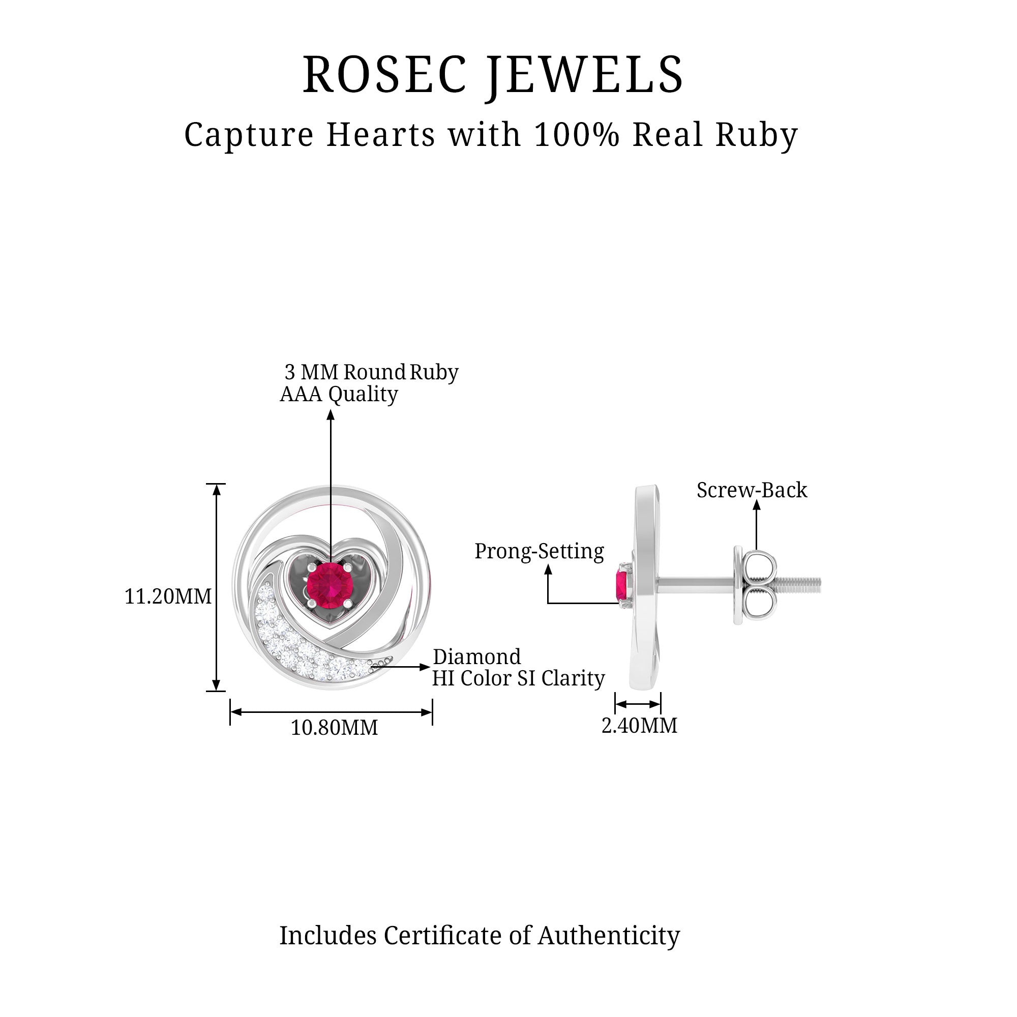 Rosec Jewels-Genuine Ruby and Diamond Minimal Heart Stud Earrings