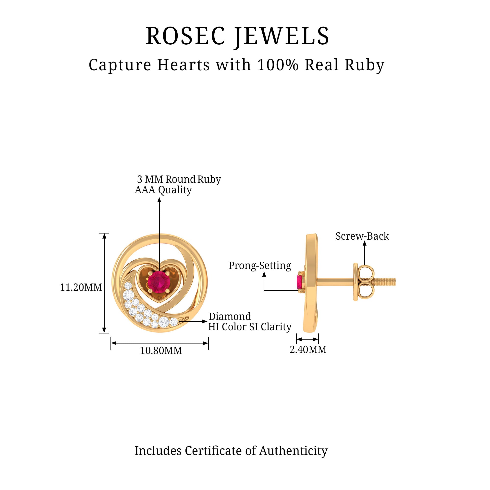 Rosec Jewels-Genuine Ruby and Diamond Minimal Heart Stud Earrings