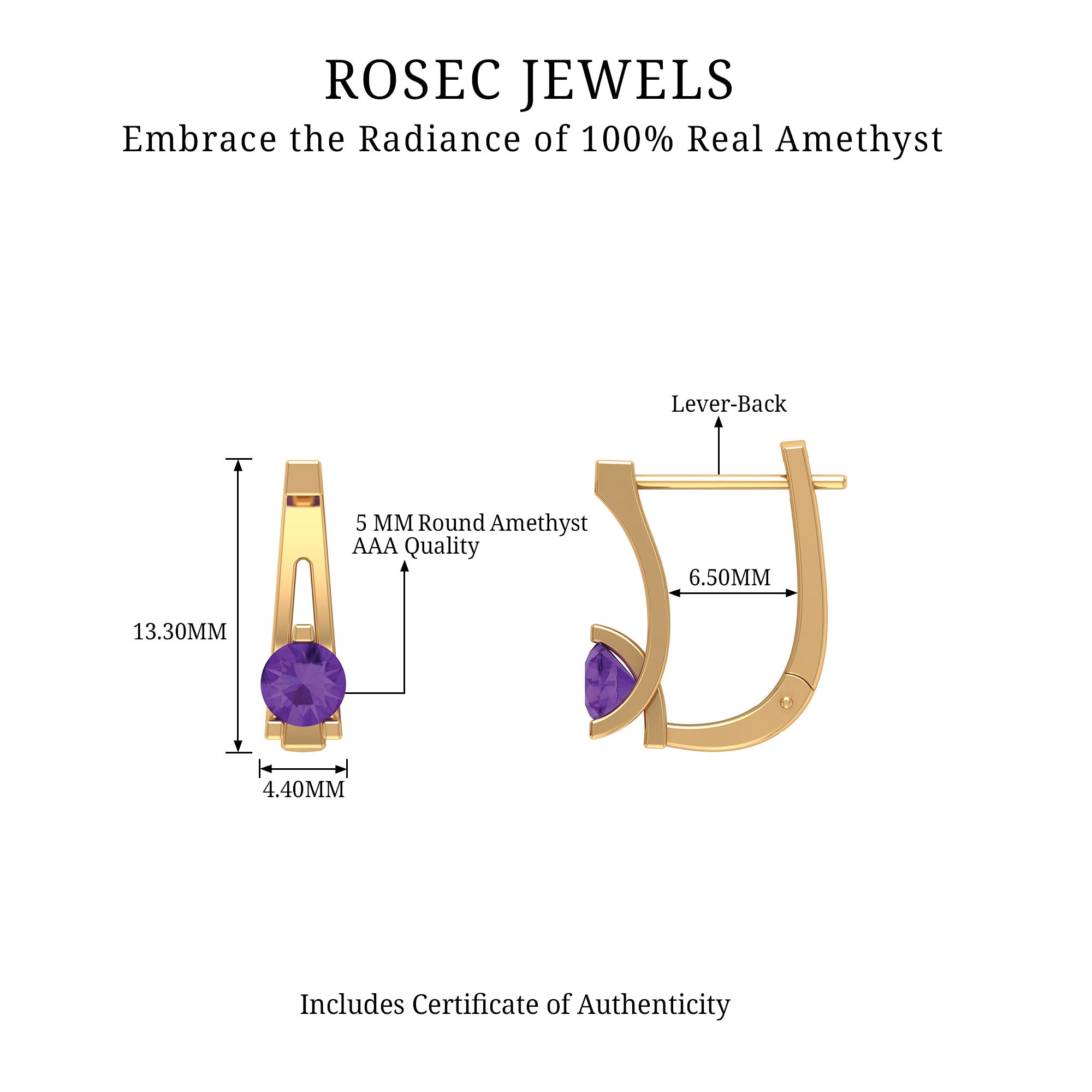 Real Amethyst Solitaire Lever Back Earrings Amethyst - ( AAA ) - Quality - Rosec Jewels