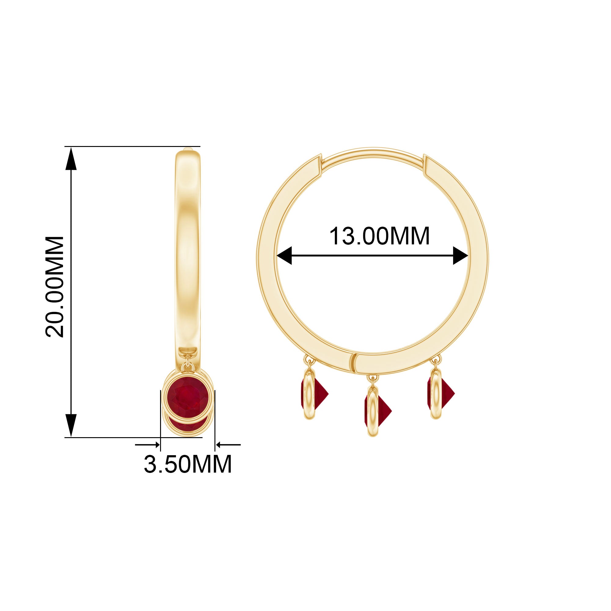 Ruby 3 Stone Hoop Drop Earrings in Bezel Setting Ruby - ( AAA ) - Quality - Rosec Jewels