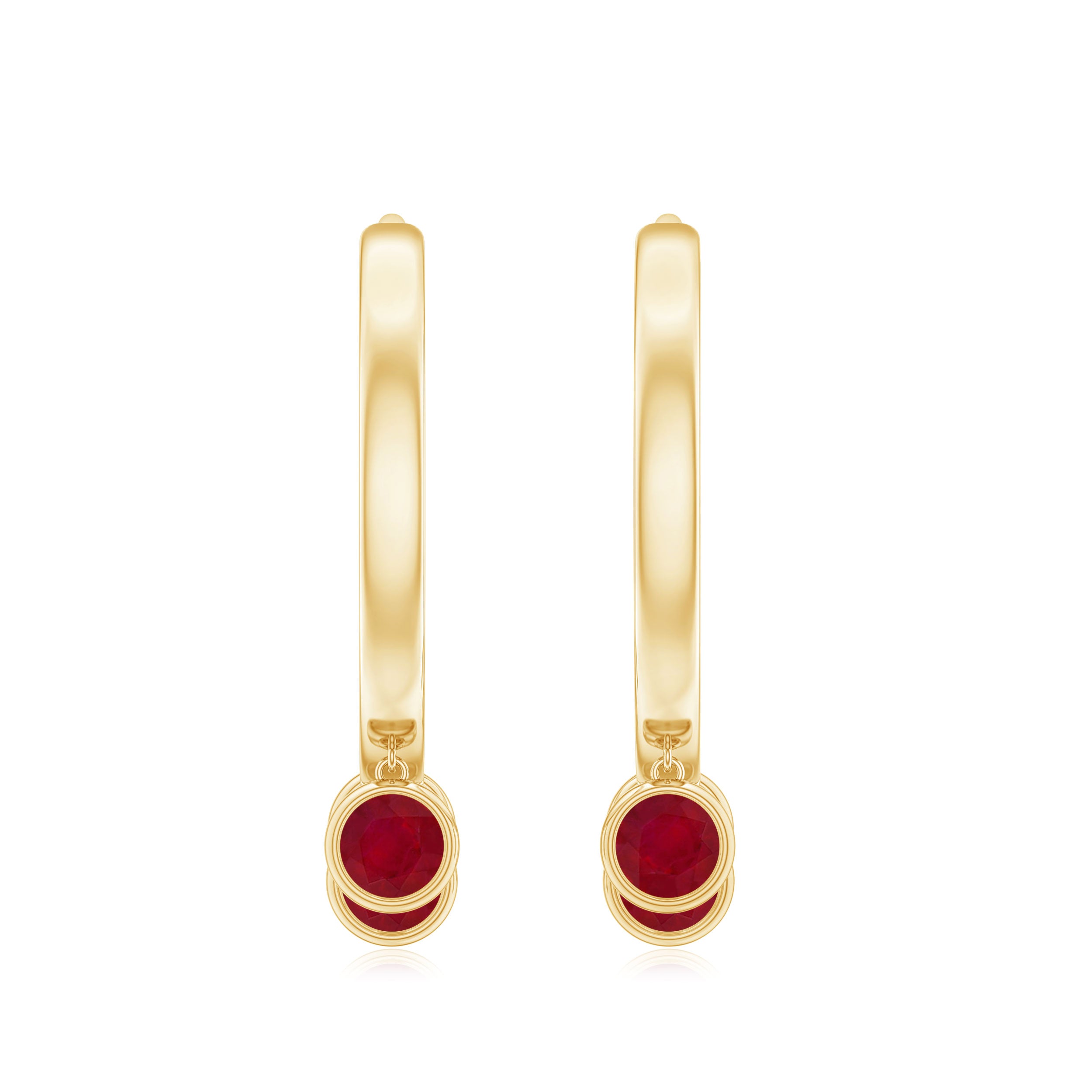 Ruby 3 Stone Hoop Drop Earrings in Bezel Setting Ruby - ( AAA ) - Quality - Rosec Jewels