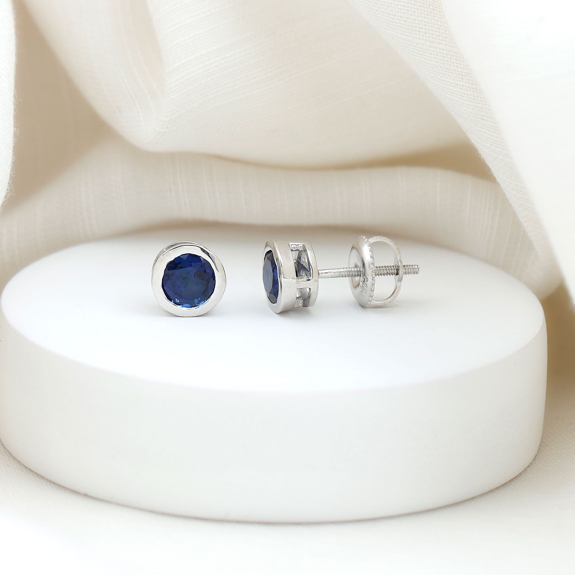 Minimal Round Lab Created Blue Sapphire Solitaire Stud Earrings in Gold Lab Created Blue Sapphire - ( AAAA ) - Quality - Rosec Jewels