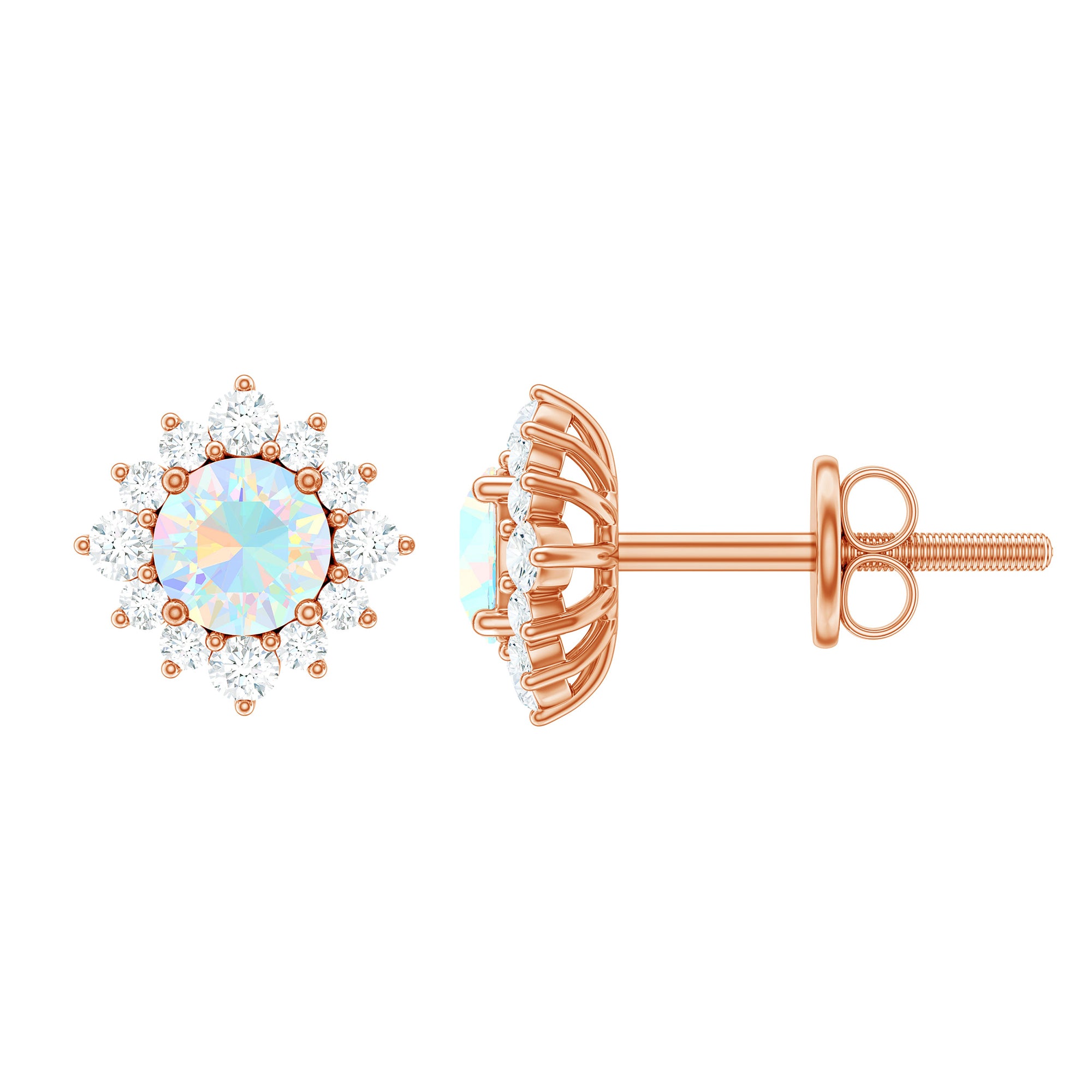 1 CT Classic Ethiopian Opal Stud Earrings with Diamond Halo Ethiopian Opal - ( AAA ) - Quality - Rosec Jewels