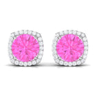 Classic Halo Stud Earrings with Round Pink Sapphire and Diamond Pink Sapphire - ( AAA ) - Quality - Rosec Jewels