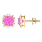 Classic Halo Stud Earrings with Round Pink Sapphire and Diamond Pink Sapphire - ( AAA ) - Quality - Rosec Jewels