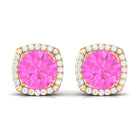 Classic Halo Stud Earrings with Round Pink Sapphire and Diamond Pink Sapphire - ( AAA ) - Quality - Rosec Jewels