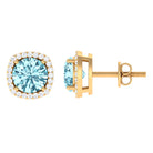 Round Shape Aquamarine Classic Halo Stud Earrings with Diamond Aquamarine - ( AAA ) - Quality - Rosec Jewels