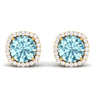 Round Shape Aquamarine Classic Halo Stud Earrings with Diamond Aquamarine - ( AAA ) - Quality - Rosec Jewels