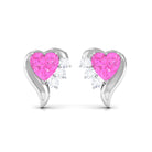 Minimal Heart Stud Earrings with Pink Sapphire and Diamond Pink Sapphire - ( AAA ) - Quality - Rosec Jewels