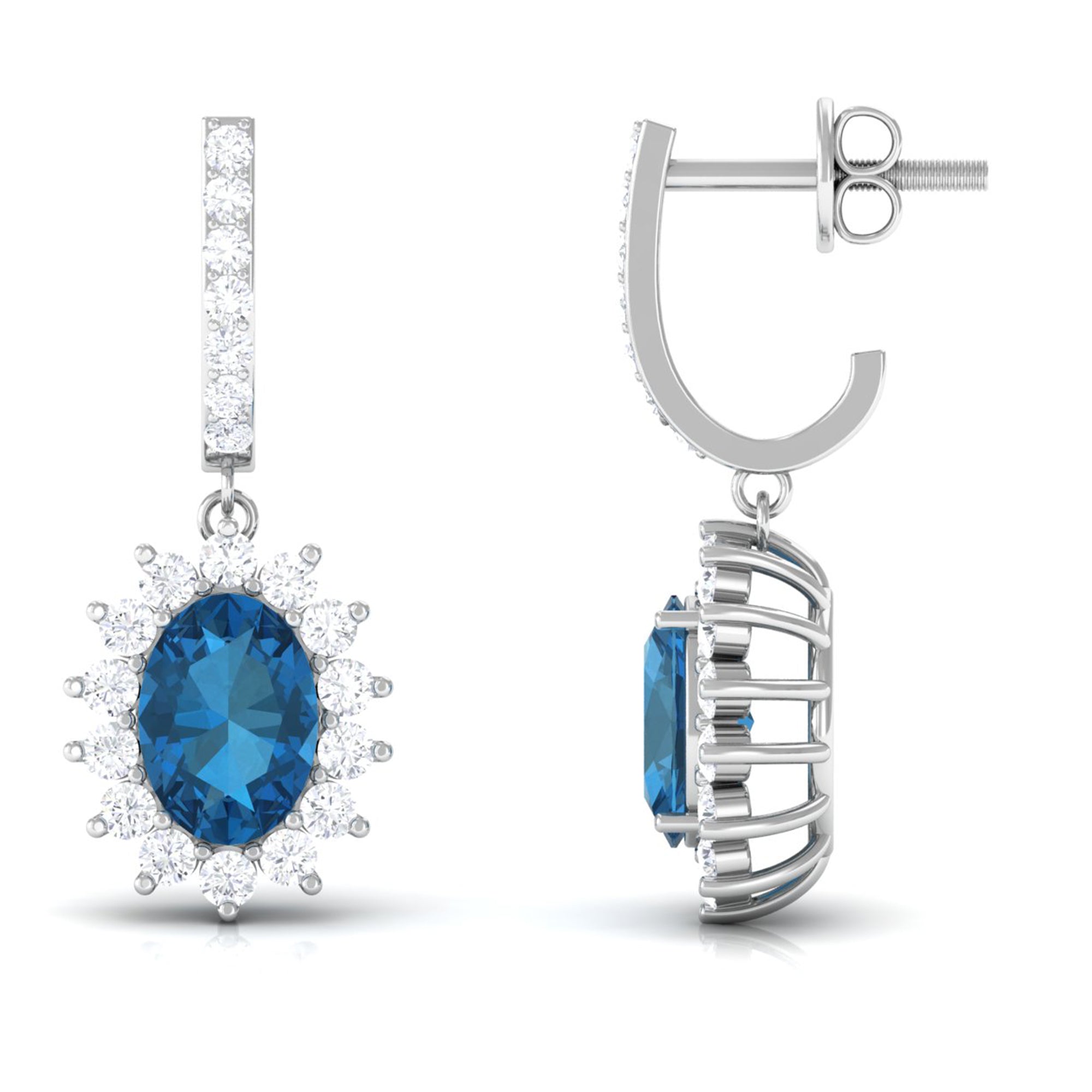 Certified London Blue Topaz and Diamond J Hoop Drop Earrings London Blue Topaz - ( AAA ) - Quality - Rosec Jewels