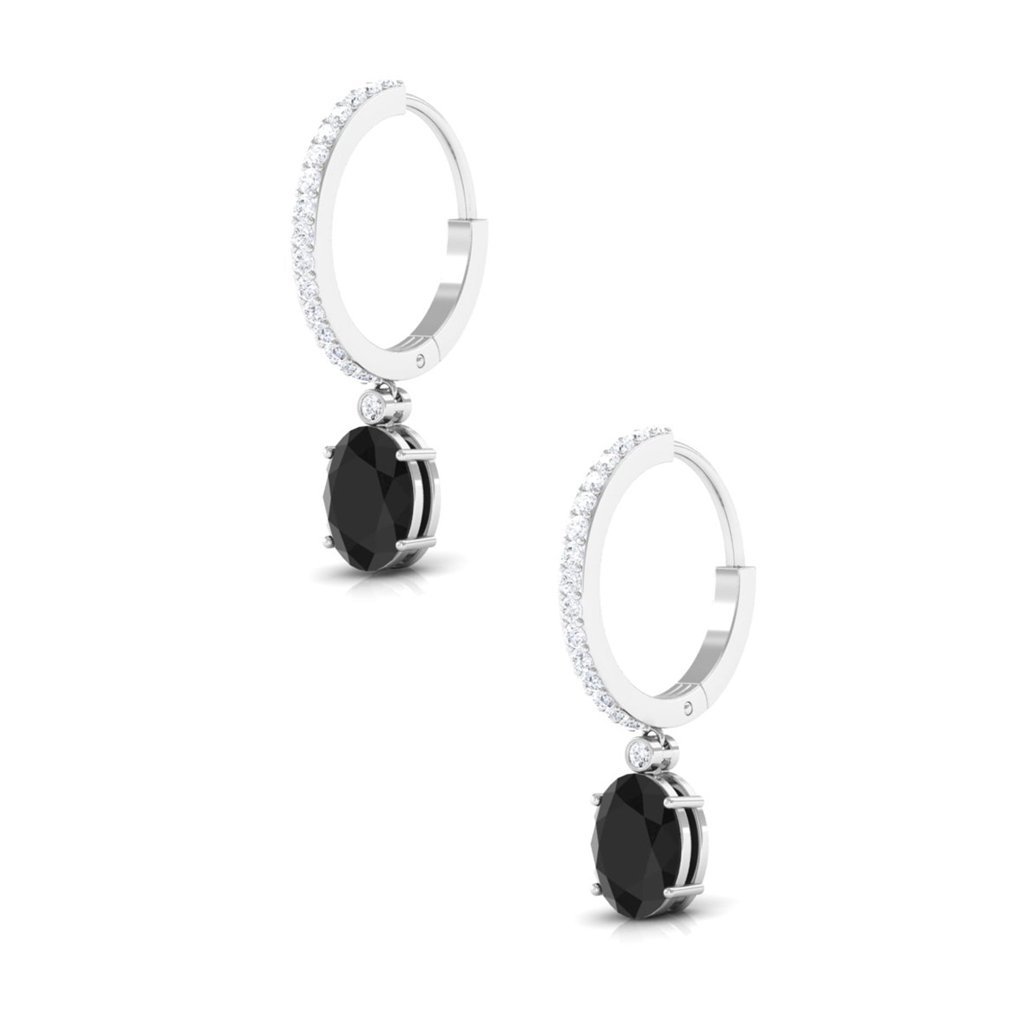 Oval Black Onyx and Diamond Hoop Drop Earrings Black Onyx - ( AAA ) - Quality - Rosec Jewels