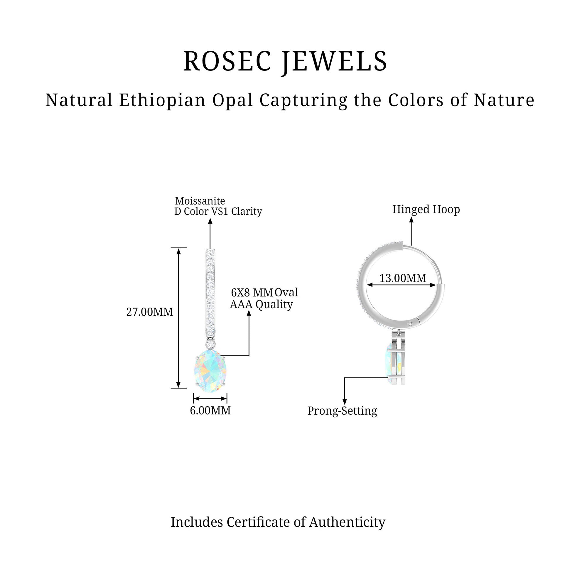 Oval Ethiopian Opal Hoop Drop Earrings with Moissanite Ethiopian Opal - ( AAA ) - Quality - Rosec Jewels