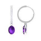 Oval Amethyst Hinged Hoop Drop Earrings with Moissanite Amethyst - ( AAA ) - Quality - Rosec Jewels