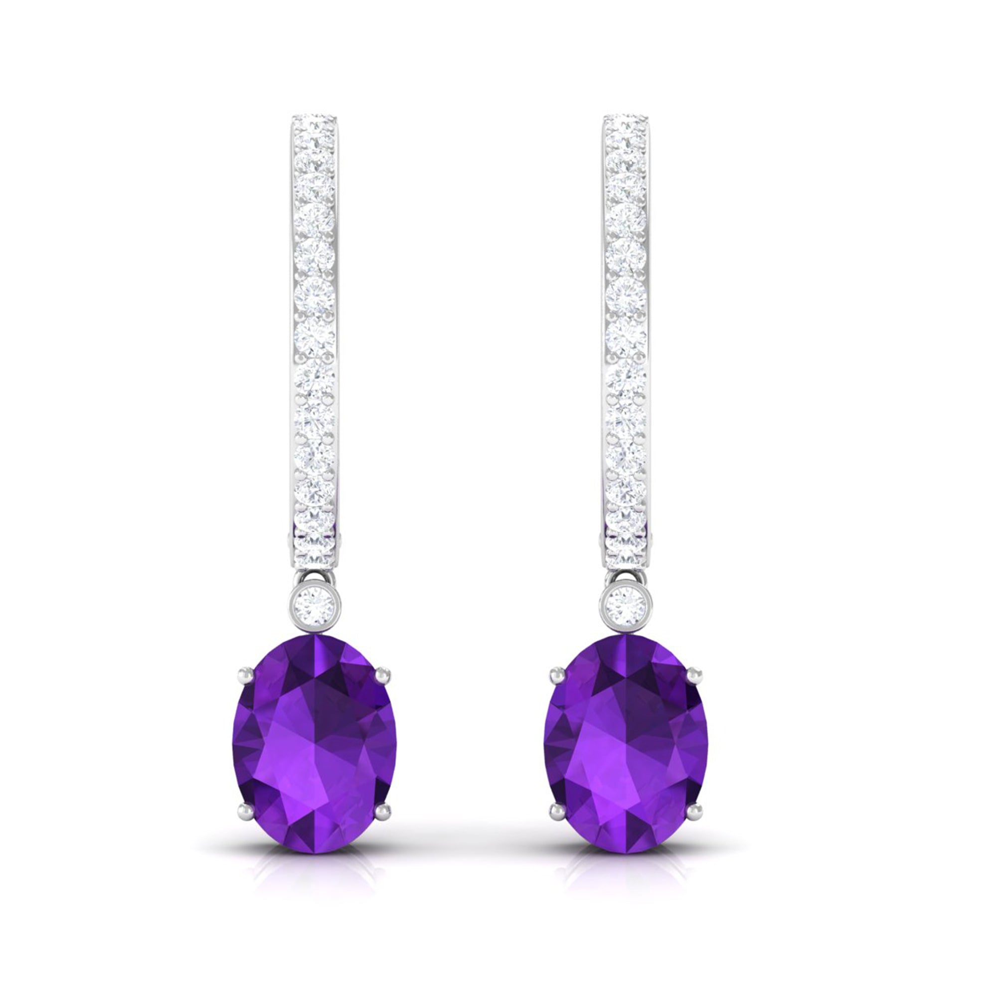 Oval Amethyst Hinged Hoop Drop Earrings with Moissanite Amethyst - ( AAA ) - Quality - Rosec Jewels