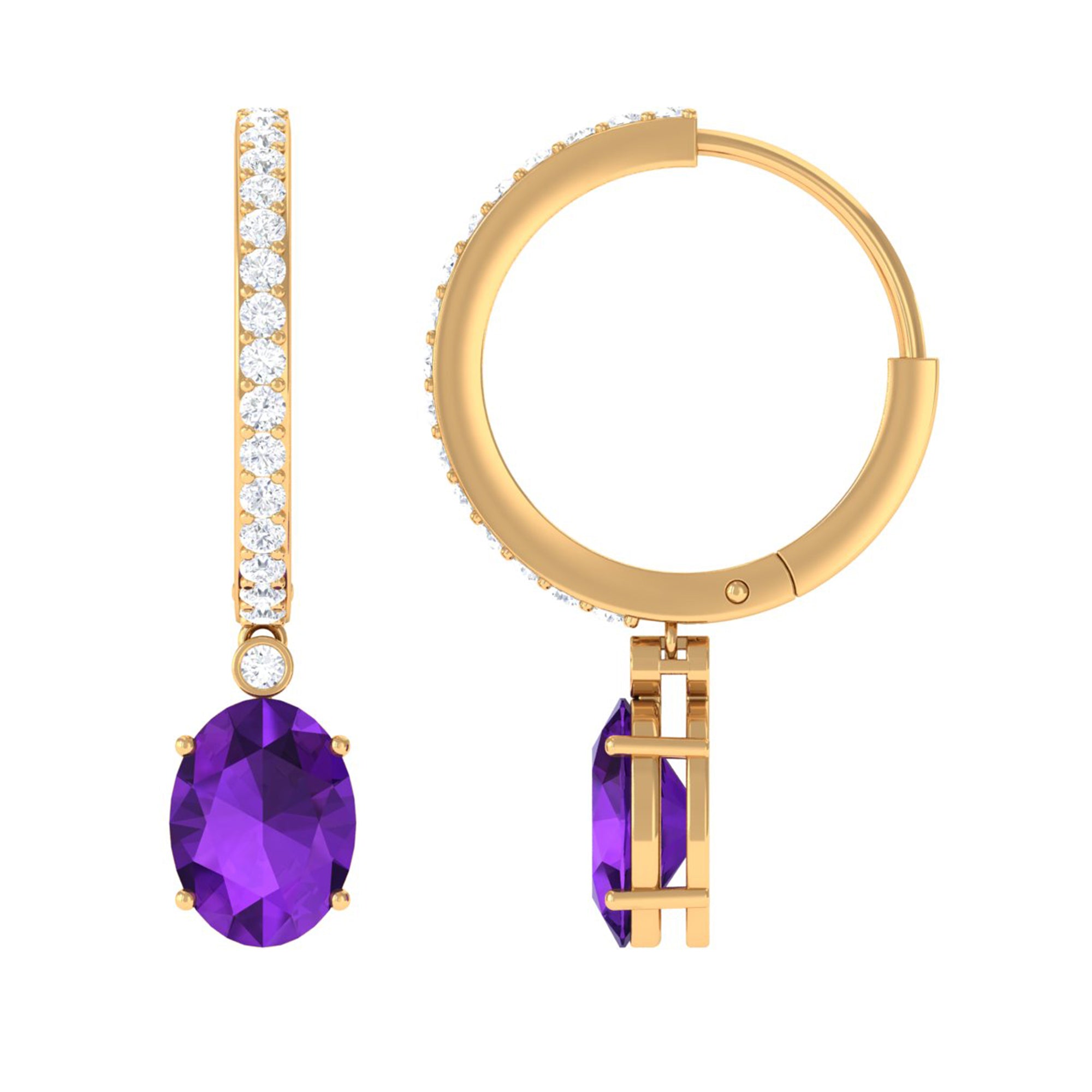 Oval Amethyst Hinged Hoop Drop Earrings with Moissanite Amethyst - ( AAA ) - Quality - Rosec Jewels