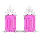 Solitaire Octagon Cut Pink Sapphire and Diamond Cluster Stud Earrings Pink Sapphire - ( AAA ) - Quality - Rosec Jewels