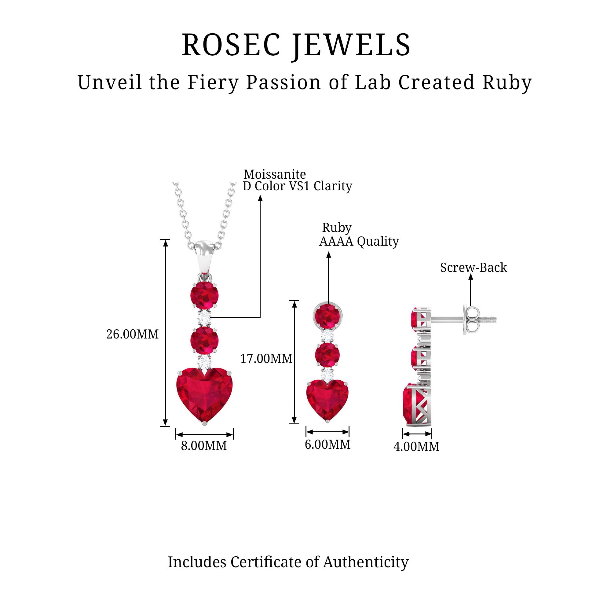 Lab Created Ruby Heart and Zircon Dangle Jewelry Set Zircon - ( AAAA ) - Quality - Rosec Jewels