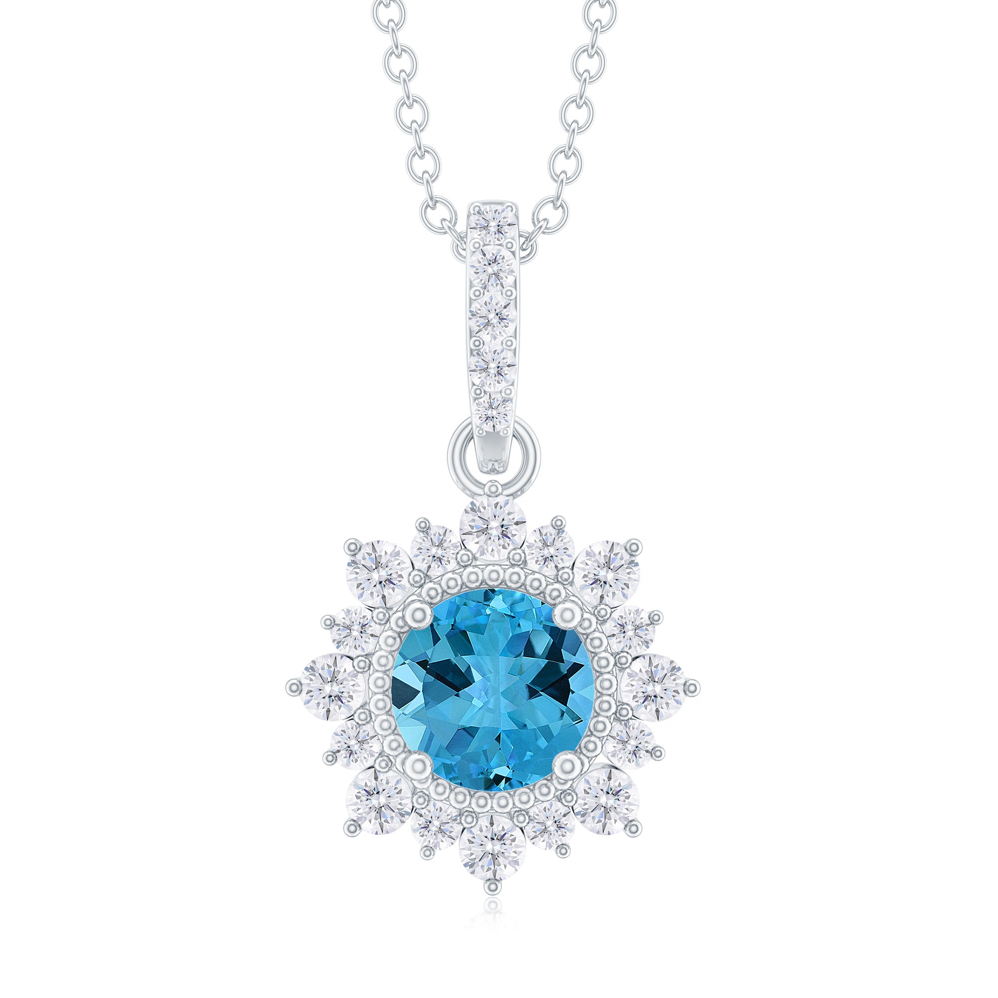 Round Swiss Blue Topaz Halo Pendant with Diamond Accent Bail Swiss Blue Topaz - ( AAA ) - Quality - Rosec Jewels