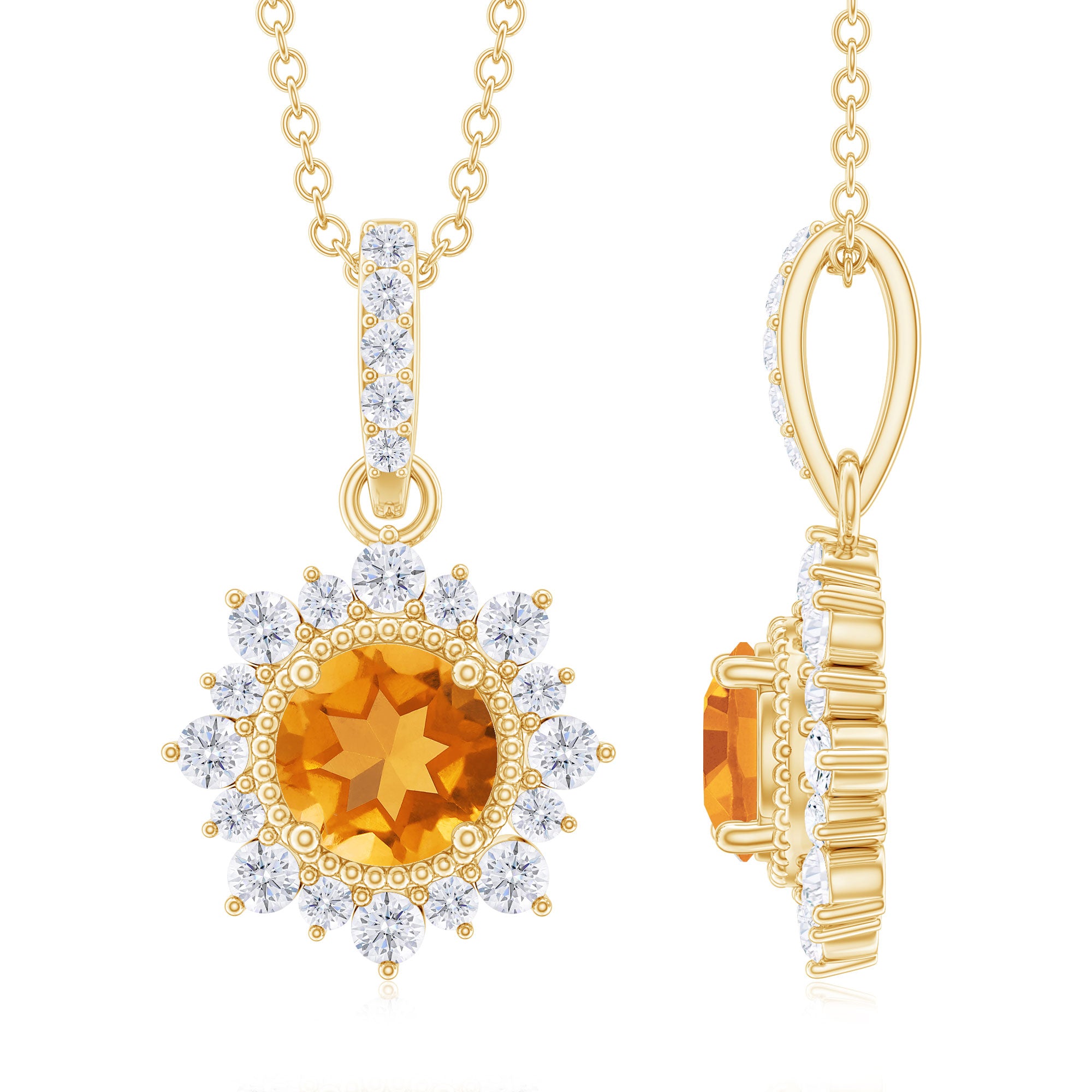 Round Citrine Halo Pendant with Diamond Accent Bail Citrine - ( AAA ) - Quality - Rosec Jewels