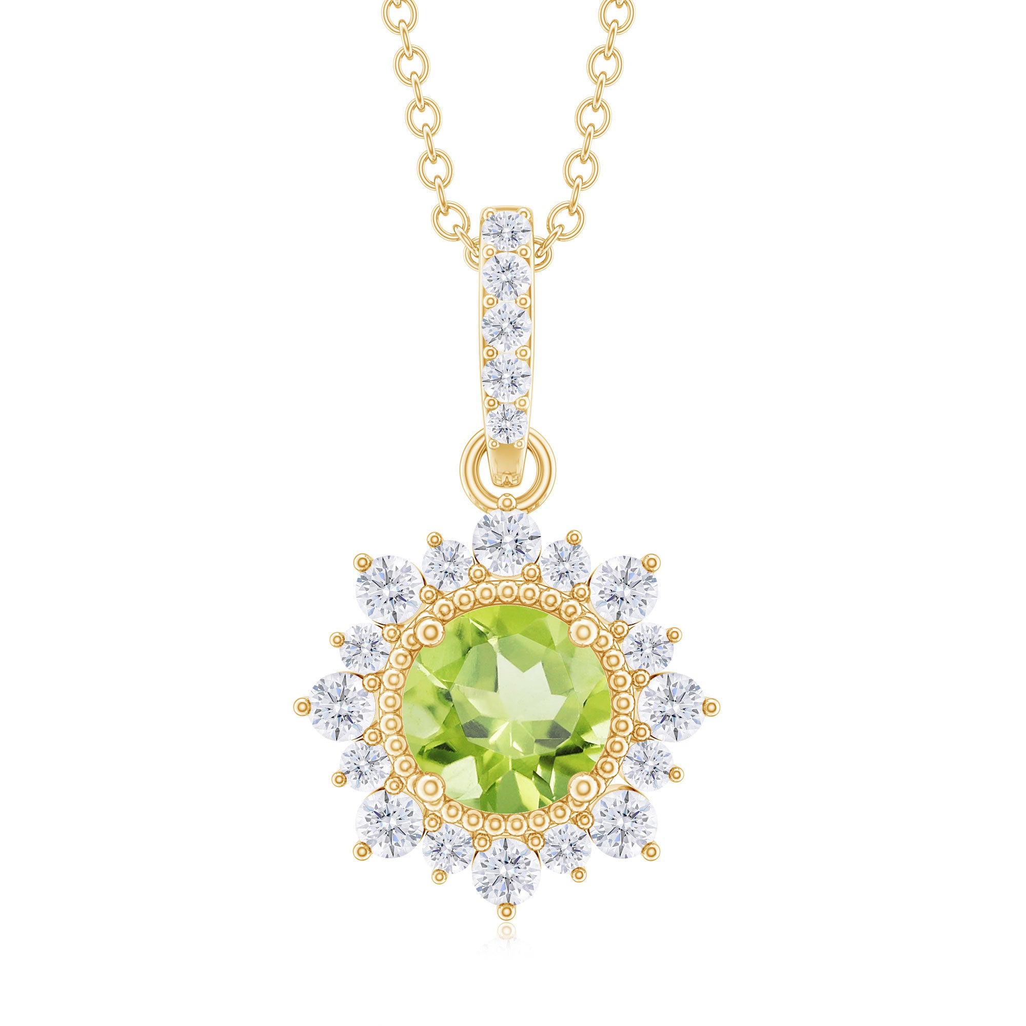 Round Peridot Halo Pendant with Diamond Accent Bail Peridot - ( AAA ) - Quality - Rosec Jewels