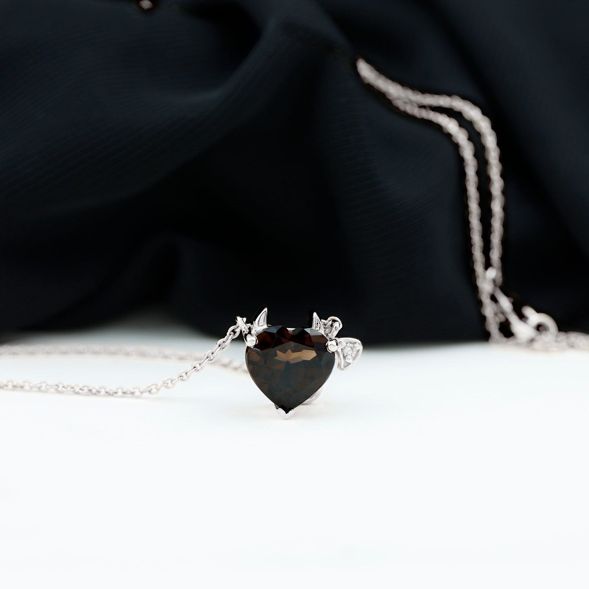 Smoky Quartz Devil Heart Pendant Necklace with Diamond Smoky Quartz - ( AAA ) - Quality - Rosec Jewels