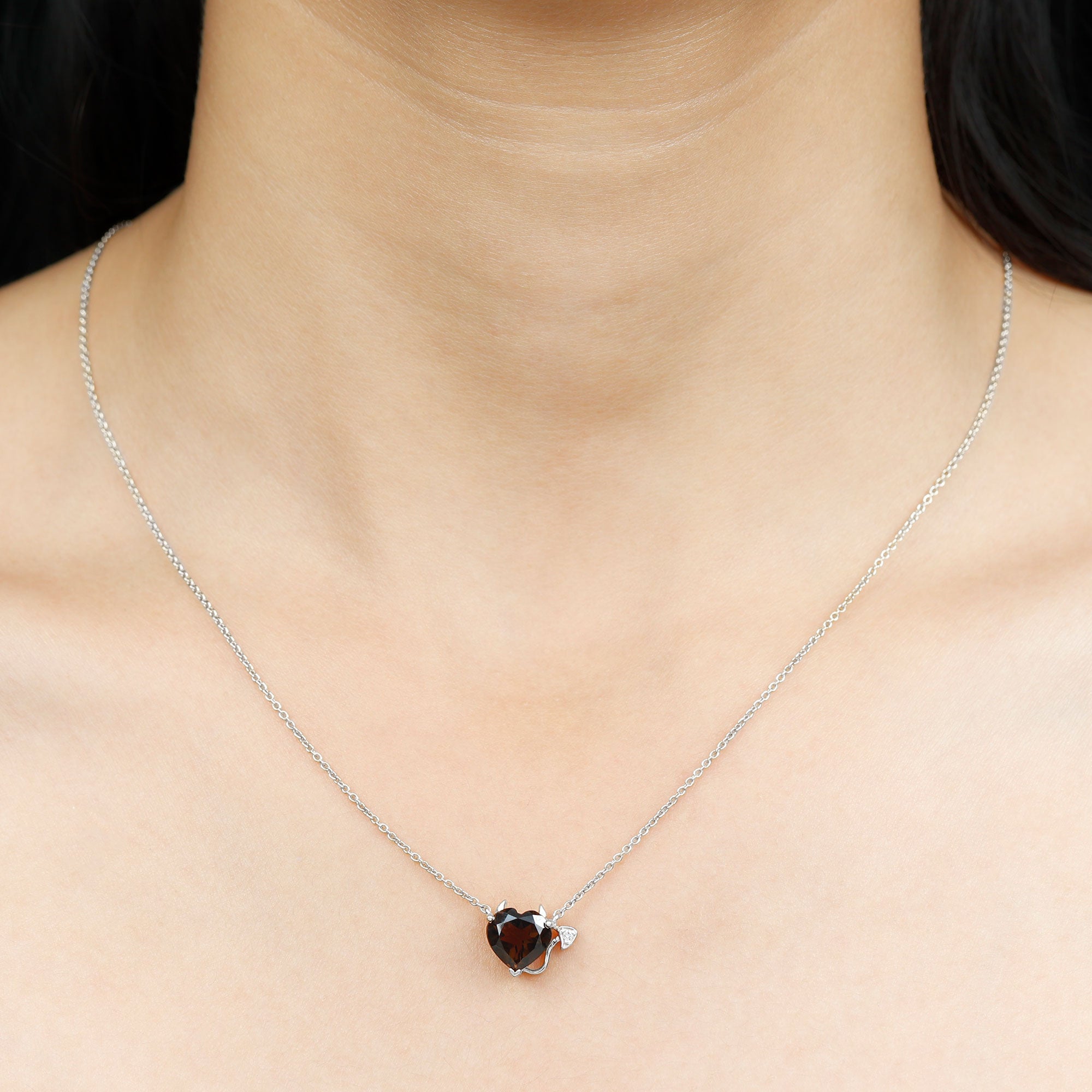 Smoky Quartz Devil Heart Pendant Necklace with Diamond Smoky Quartz - ( AAA ) - Quality - Rosec Jewels