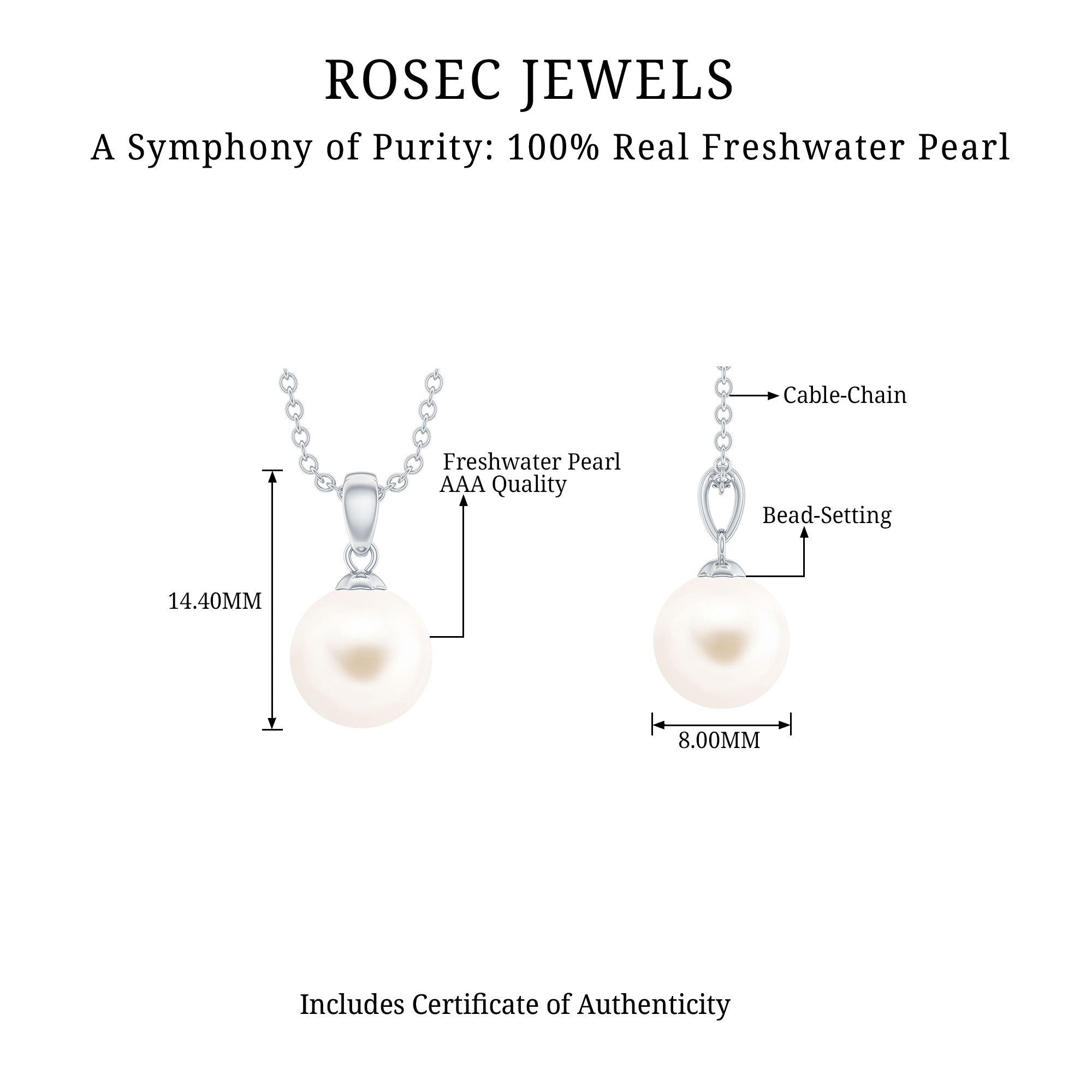 8 MM Round Freshwater Pearl Simple Solitaire Pendant Freshwater Pearl - ( AAA ) - Quality - Rosec Jewels