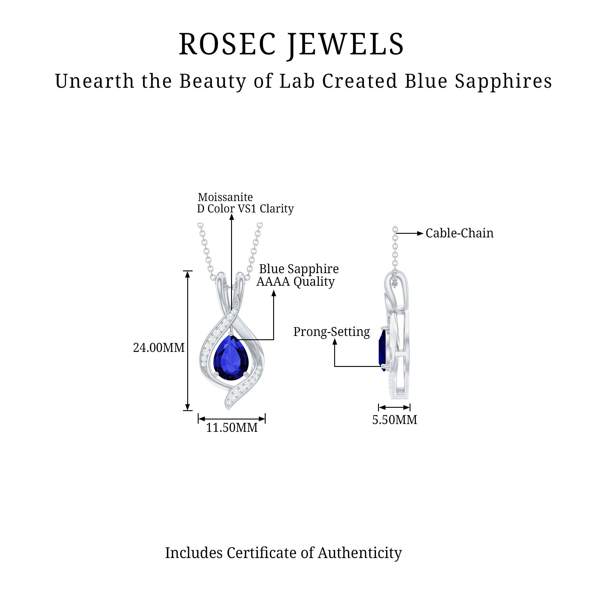 Minimal Created Blue Sapphire Teardrop Pendant with Moissanite Lab Created Blue Sapphire - ( AAAA ) - Quality - Rosec Jewels