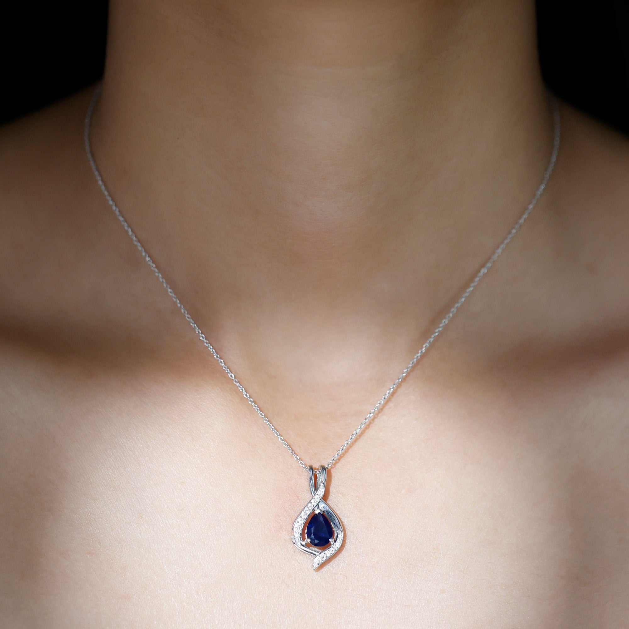 Minimal Created Blue Sapphire Teardrop Pendant with Moissanite Lab Created Blue Sapphire - ( AAAA ) - Quality - Rosec Jewels