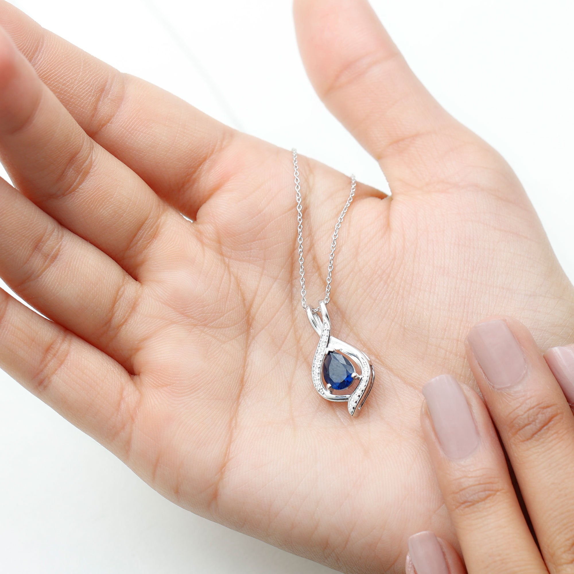 Minimal Created Blue Sapphire Teardrop Pendant with Moissanite Lab Created Blue Sapphire - ( AAAA ) - Quality - Rosec Jewels